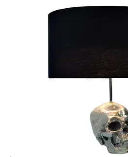 Estila Stylová glamour kulatá kovová stříbrná stolní lampa Skull s nohou v podobě lebky a černým textilním stínítkem 44 cm