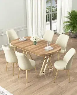 Dining Table & Chairs Set (7 Pieces) Lai - Light Walnut, Gold, Cream