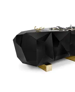 Estila Exkluzivní lesklá art-deco komoda z černého dřeva s pozlacenou podstavou a mosaznými brouky Diamond Metamorphosis 185 cm