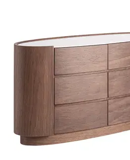 Estila Luxusní moderní komoda Sophiette se šesti šuplíky v ořechové hnědé barvě s oválnou bílou mramorovou deskou 140 cm