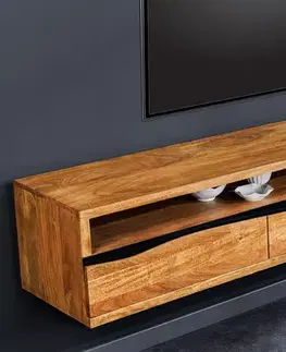 Estila Designový retro nástěnný TV stolek Mammut z masivního akáciového dřeva se třemi zásuvkami a jednou dlouhou poličkou 160cm
