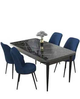 Dining Table & Chairs Set (5 Pieces) Nil - Black Marble, Navy Blue