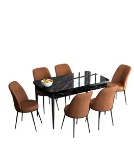 Extendable Dining Table & Chairs Set (7 Pieces) Han - Black Marble, Tile Red