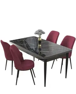 Dining Table & Chairs Set (5 Pieces) Nil - Black Marble, Burgundy