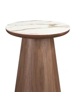 Estila Luxusní moderní kulatý příruční stolek Vita Naturale s porcelánovou deskou a kuželovou nohou v hnědé barvě 50 cm