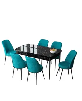 Extendable Dining Table & Chairs Set (7 Pieces) Zen - Black Marble, Turquoise