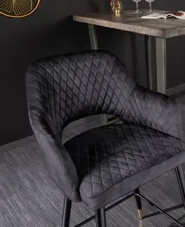 Estila Art deco barová židle Fribourg s opěrkami v sametovém břidlicově šedém čalounění na černých nožičkách 104cm