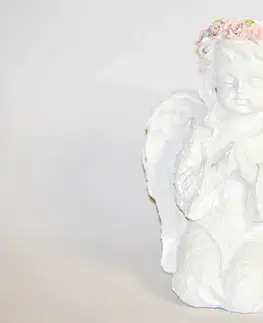 PROHOME - Anděl bílý klečící 16cm růžový věněček, polyrezin