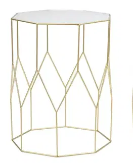 Estila Art deco sada osmiúhelníkových kovových zlatých příručních stolků Lamier se skleněnou vroubkovanou vrchní deskou 47 cm