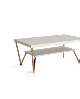 Estila Luxusní art deco obdélníkový konferenční stolek Estoril z masivního dřeva s designovým kovovýma nohama a policí 120 cm