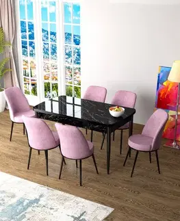 Extendable Dining Table & Chairs Set (7 Pieces) Zen - Black Marble, Pink