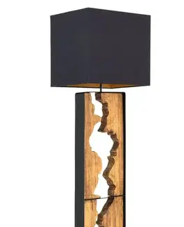 Estila Industriální hnědá obdélníková stojací lampa Arbaro ze suarového dřeva s výřezem se čtvercovým černým stínítkem 166 cm