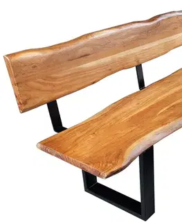 Estila Designová industriální lavice Bronx s opěrkou z masivního akáciového dřeva hnědé barvy s černým kovovým rámem 100 cm