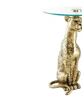 Estila Stylový art deco skleněný kulatý příruční stolek Tierra Glam s nohou v podobě pantera v antické zlaté barvě 60 cm