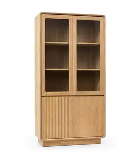 Estila Luxusní retro čtyřdveřová vitrína Riga s prosklenými vrchními dvířky ze světlého hnědého masivního teakového dřeva 190 cm
