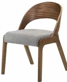 Estila Designová jídelní židle Nordica Nogal z ořechově hnědého masivu se zaoblenou opěrkou a šedým čalouněním 77cm
