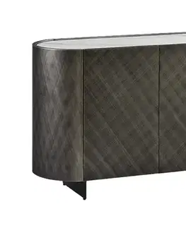 Estila Luxusní oválný art deco antracitový šedý třídveřový příborník Monac s vrchní bílou mramorovou deskou 150 cm