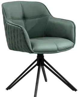Estila Designová jídelní otočná židle Lione s prošívaným vzorem v zelené kůži s opěrkami na ruce s černou podstavou 82 cm