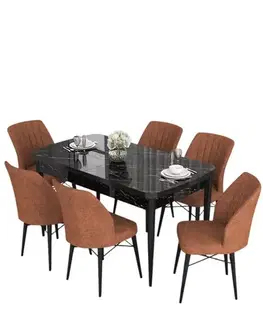 Extendable Dining Table & Chairs Set (7 Pieces) Eva - Black Marble, Tile Red
