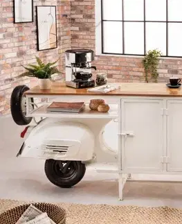 Estila Designový barový pult Scooter s úložným prostorem z kovu bílé barvy as masivní mangovou deskou 250cm