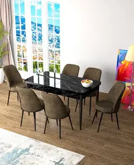 Extendable Dining Table & Chairs Set (7 Pieces) Zen - Black Marble, Brown