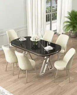 Dining Table & Chairs Set (7 Pieces) Lai - Black Marble, Chrome, Cream