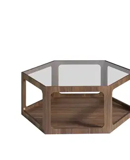 Estila Luxusní moderní šestiúhelníkový konferenční stolek Vita Naturale se skleněnou deskou a policí z hnědého ořechového dřeva 92 cm