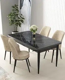 Dining Table & Chairs Set (5 Pieces) Nil - Black Marble, Cream