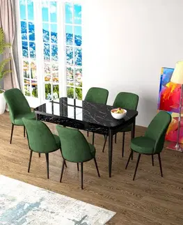 Extendable Dining Table & Chairs Set (7 Pieces) Zen - Black Marble, Khaki