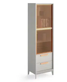 Estila Moderní levá skleněná vitrína Estoril s dřevěnými zásuvkami a kovovými prvky 204cm