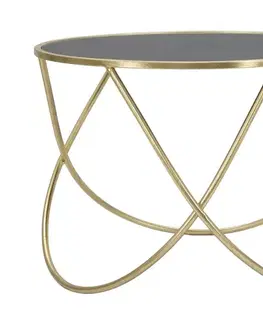 Estila Art deco kulatý zlatý kovový konferenční stolek Lenim s nohou s ohnutých tyčí a s vrchní skleněnou černou deskou 60 cm