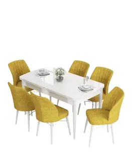 Extendable Dining Table & Chairs Set (7 Pieces) Eva - White, Mustard
