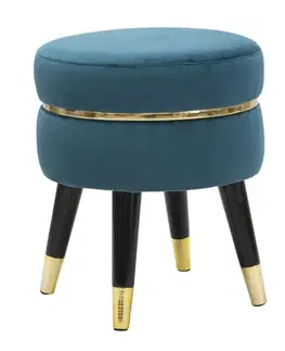 Estila Art deco čalouněná kulatá taburetka Laurentia v petrolejové modré barvě se zlatými detaily a černými nožičkami 40 cm