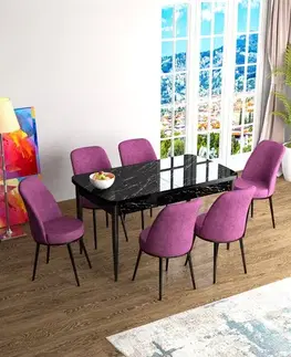 Extendable Dining Table & Chairs Set (7 Pieces) Han - Black Marble, Purple