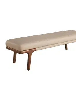 Estila Luxusní moderní lavice Vita Naturale s koženým béžovým čalouněním a dřevěnými ořechově hnědými nožičkami 162 cm