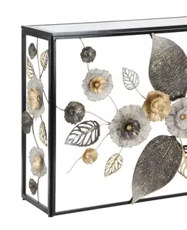 Estila Designový konzolový stolek Florel s černou kovovou konstrukcí s květinovým motivem a zrcadlovou skleněnou deskou 112 cm