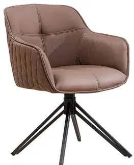 Estila Designová otočná jídelní židle Lion s područkami v hnědé kůži s prošívaným vzorem a černou kovovou konstrukcí 82 cm