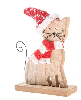 Dřevěná kočka s pletenou šálou a čepicí, 14 cm