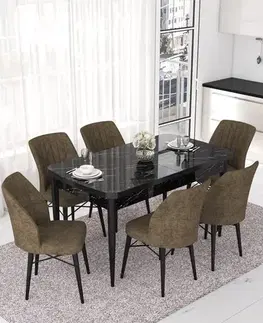 Extendable Dining Table & Chairs Set (7 Pieces) Nef - Black Marble, Brown