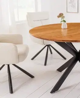 Estila Industriální jídelní stůl Comedor kulatého tvaru z masivního akáciového dřeva s kovovýma nohama 130cm