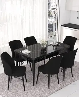 Extendable Dining Table & Chairs Set (7 Pieces) Nef - Black Marble, Black