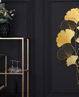 Estila Moderní florální nástěnná kovová dekorace Biloba I zlaté barvy 110cm
