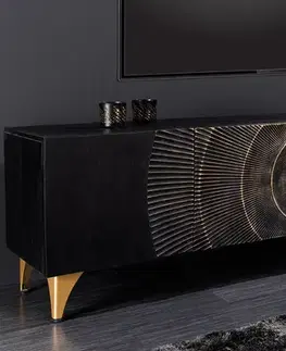 Estila Art deco obdélníkový čtyřdveřový televizní stolek Cumbria v černé barvě s orientálním zdobením 180 cm