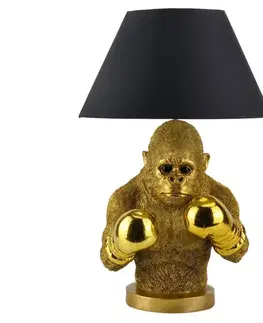 Estila Designová glamour stolní lampa Pop Atelier se zlatou podstavou se sochou opice s boxerskými rukavicemi a černým stínítkem 55 cm