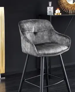 Estila Glamour designová barová židle Rufus s tmavě šedým sametovým čalouněním a černou konstrukcí z kovu 100cm