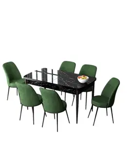 Extendable Dining Table & Chairs Set (7 Pieces) Zen - Black Marble, Khaki