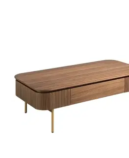 Estila Luxusní art deco obdélníkový konferenční stolek Vita Naturale z hnědého ořechového dřeva se zásuvkou a zlatými nožičkami 120 cm