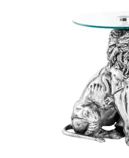 Estila Designový art deco příruční stolek Tierra Glam s kulatou skleněnou deskou a nohou v podobě stříbrného lva 60 cm