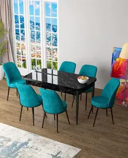 Extendable Dining Table & Chairs Set (7 Pieces) Zen - Black Marble, Turquoise