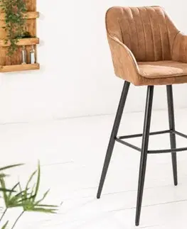 Estila Moderní barová židle Vittel z mikrovlákna hnědé barvy s černými kovovými nohami 102cm